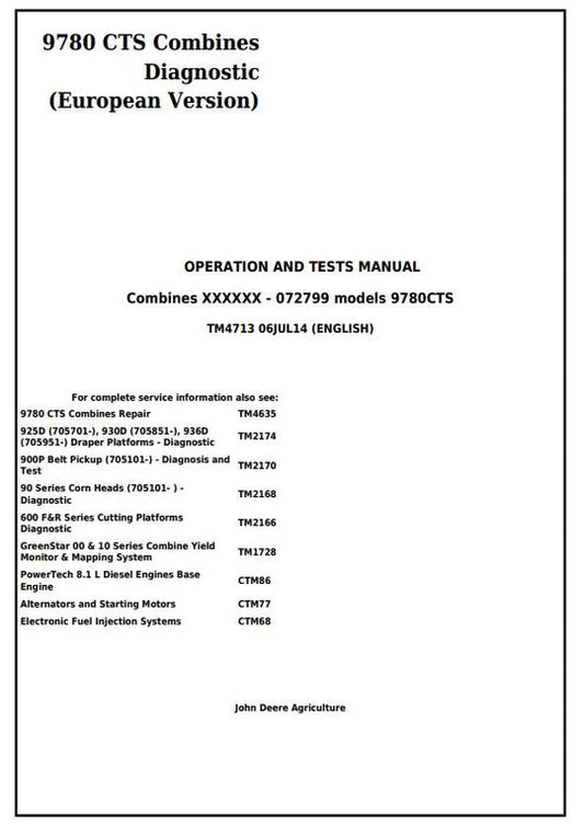 PDF John Deere 9780 CTS Combine Diagnosis and Test Service Manual TM4713