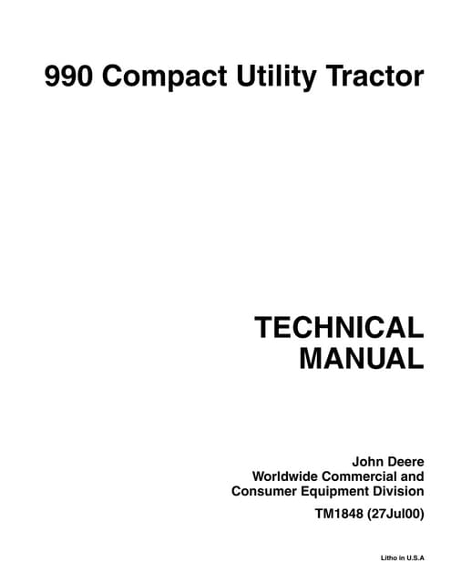 PDF John Deere 990 Compact Utility Tractor Service Technical Manual TM1848 