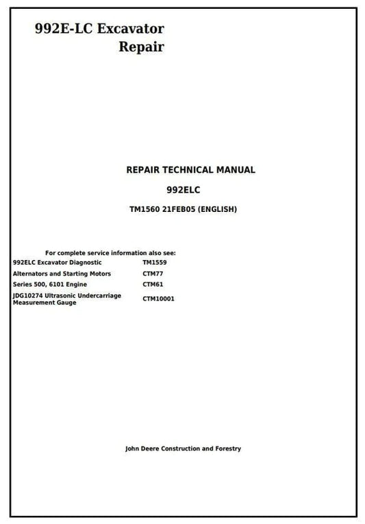 PDF John Deere 992E-LC Excavator Technical Service Repair Manual TM1560