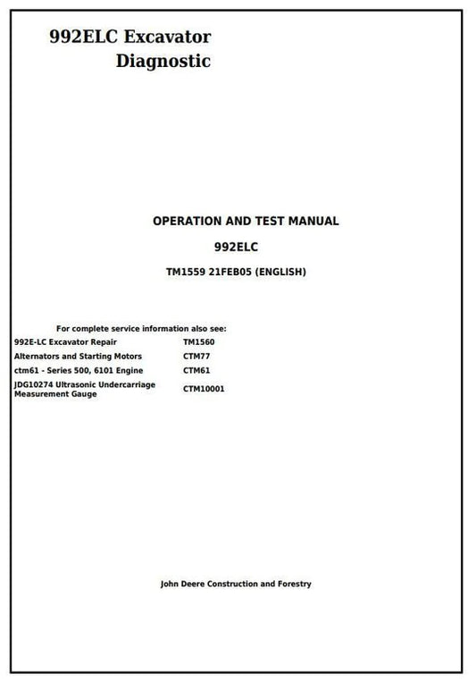 PDF John Deere 992ELC Excavator Diagnostic, Operation and Test Service Manual TM1559