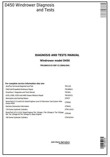 PDF John Deere D450 Self-Propelled Hay and Forage Windrower Diagnostic & Test Service Manual TM108919