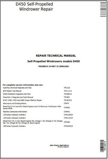 PDF John Deere D450 Self-Propelled Hay and Forage Windrower Service Manual TM108819