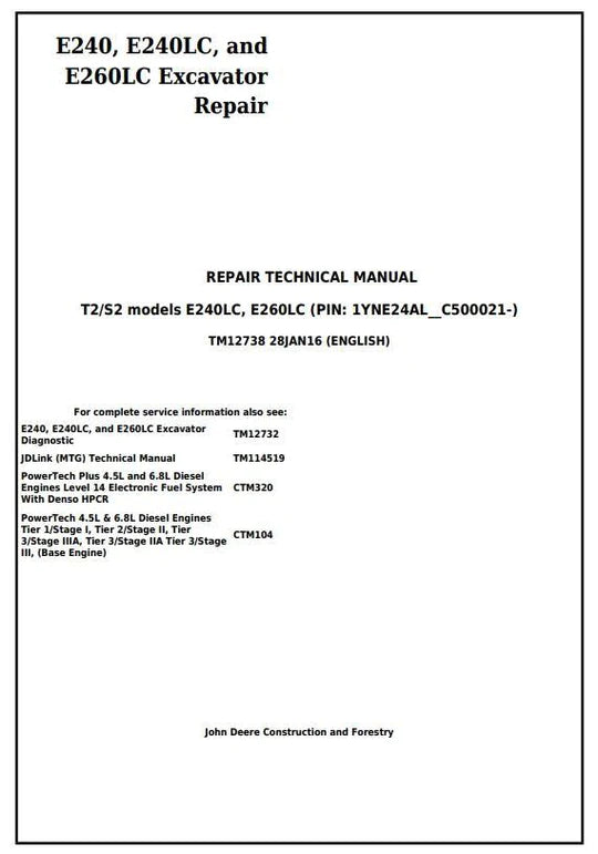 PDF John Deere E240 E240LC E260LC (T3/S3A) Excavator Technical Service Repair Manual TM12738