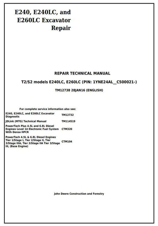 PDF John Deere E240 E240LC E260LC (T3/S3A) Excavator Technical Service Repair Manual TM12738