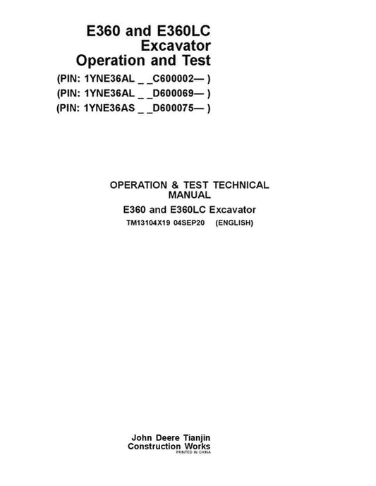 PDF John Deere E360 E360LC Excavator Diagnostic, Operation and Test Service Manual TM13104X19