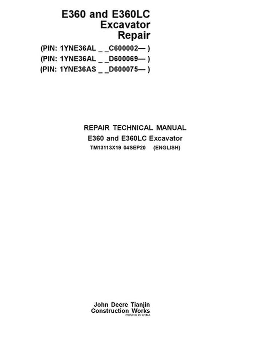 PDF John Deere E360 E360LC Excavator Service Repair Technical Manual TM13113X19