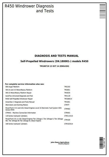 PDF John Deere R450 Self-Propelled Hay and Forage Windrower Diagnostic & Test Service Manual TM108719