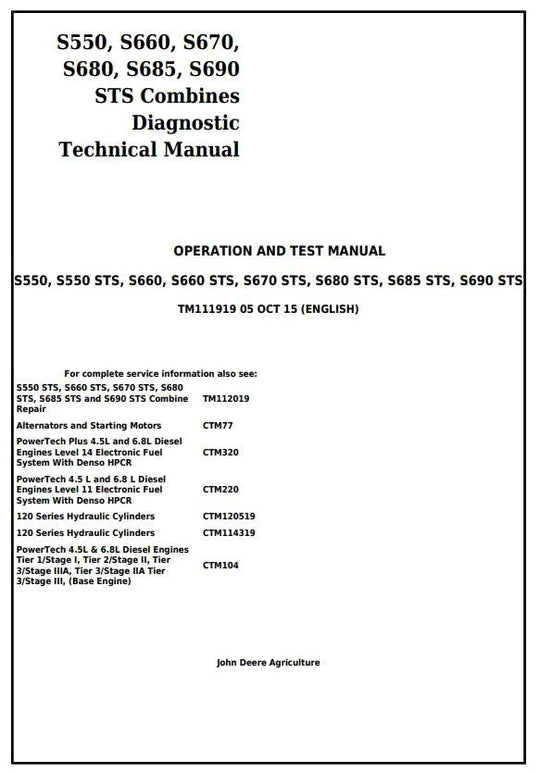 PDF John Deere S550 S660 S670 S680 S685 S690 STS Combine Diagnostic & Test Service Manual TM111919