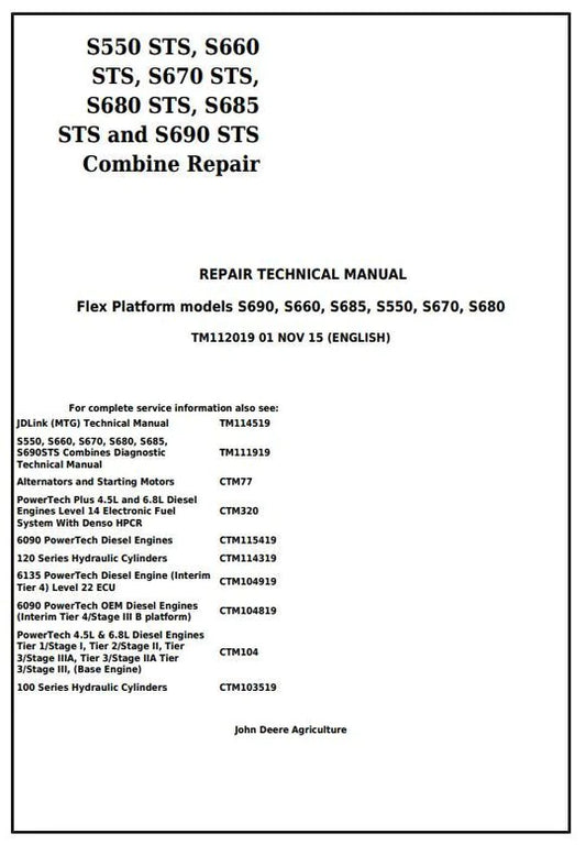 PDF John Deere S550STS S660STS S670STS S680STS S685STS S690STS Combine Service Manual TM112019