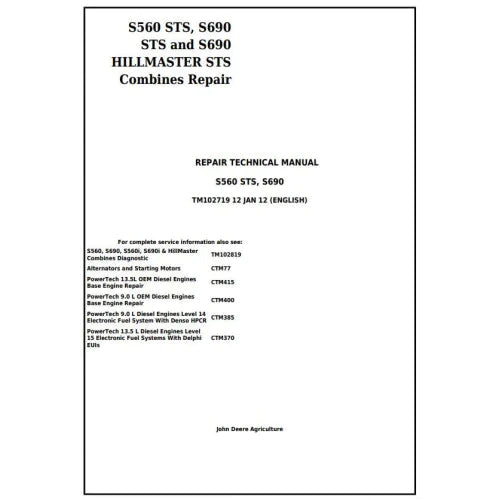 PDF John Deere S560 STS S690 STS S690 HILLMASTER STS Combine Service Manual TM102719