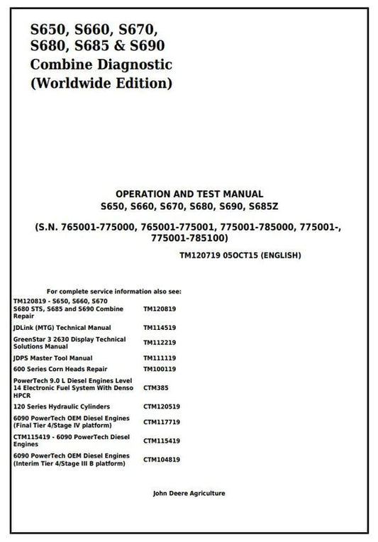 PDF John Deere S650 S660 S670 S680 S685 S690 Combine Diagnostic and Test Service Manual TM120719