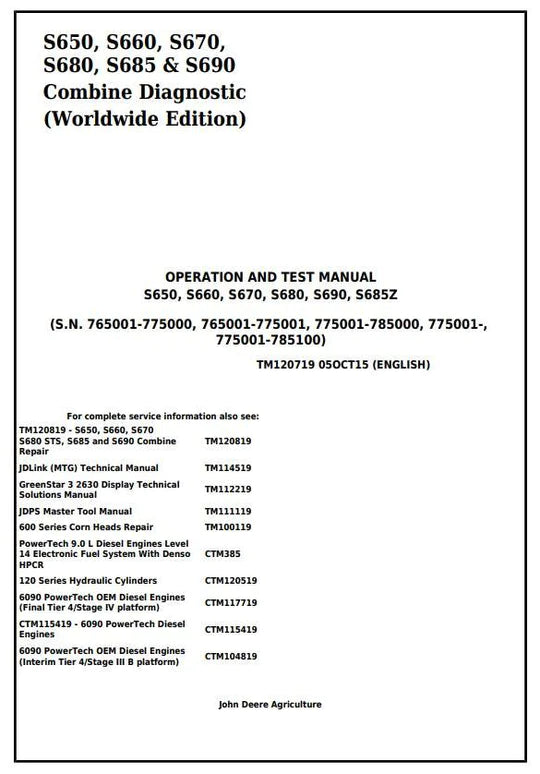 PDF John Deere S650 S660 S670 S680 S685 S690 Combine Diagnostic and Test Service Manual TM120719