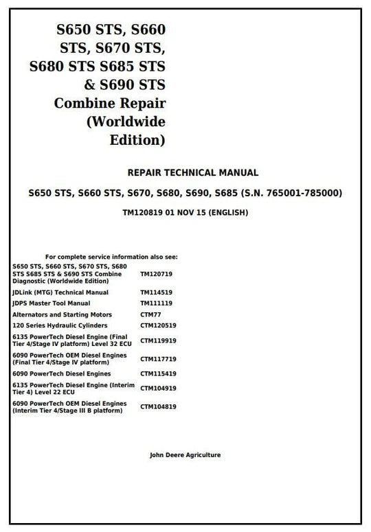 PDF John Deere S650STS S660STS S670STS S680STS S685STS S690STS Combine Repair Service Manual TM120819