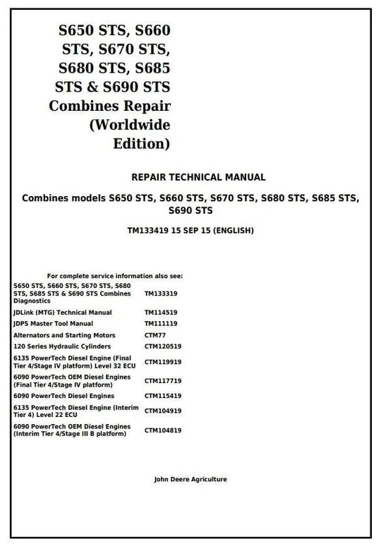 PDF John Deere S650STS S660STS S670STS S680STS S685STS S690STS Combine Service Manual TM133419