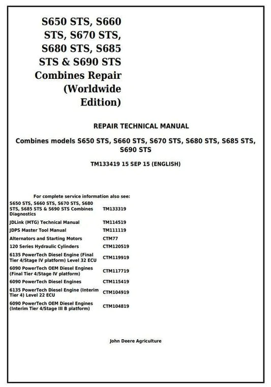 PDF John Deere S650STS S660STS S670STS S680STS S685STS S690STS Combine Service Manual TM133419