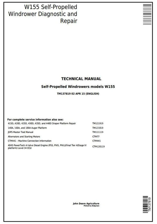 PDF John Deere W155 Self-Propelled Hay & Forage Windrower Service Manual TM137819