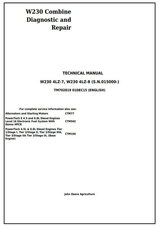 PDF John Deere W230 (4LZ-7, 4LZ-8) Combine Diagnostic and Test service Manual TM702819