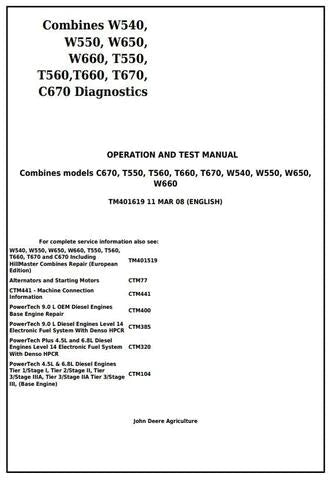 PDF John Deere W540 W550 W650 W660 T550 T560 T660 T670 C670 Combine Diagnostic and Test Service Manual TM401619