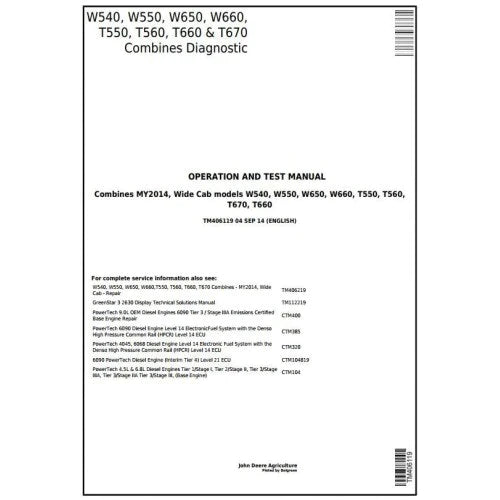 PDF John Deere W540 W550 W650 W660 T550 T560 T660 T670 Combine Diagnostic and Test Service Manual TM406119