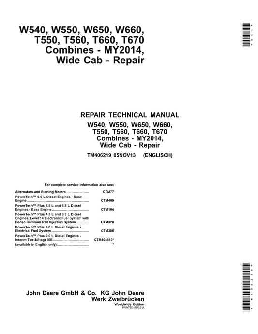 PDF John Deere W540 W550 W650 W660 T550 T560 T660 T670 Combine Repair Service Manual TM406219