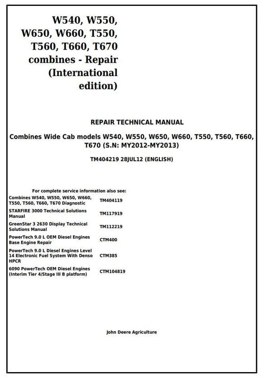 PDF John Deere W540, W550, W650, W660, T550, T560, T660, T670 Combine Repair Service Manual TM404219