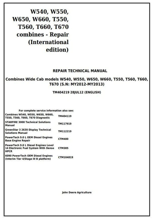 PDF John Deere W540, W550, W650, W660, T550, T560, T660, T670 Combine Repair Service Manual TM404219