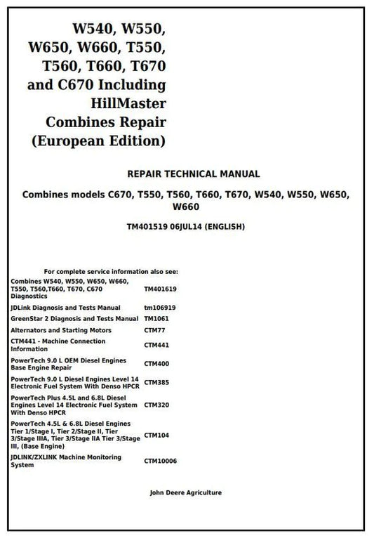 PDF John Deere W540, W550, W650, W660, T550, T560, T660, T670, C670 Combine Service Manual TM401519