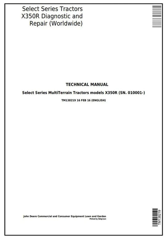 PDF John Deere X350R Select Series Riding Lawn Tractor Service Manual TM138219