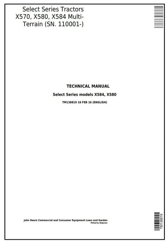 PDF John Deere X570 X580 X584 Select Series Riding Lawn Tractor Service Manual TM138819