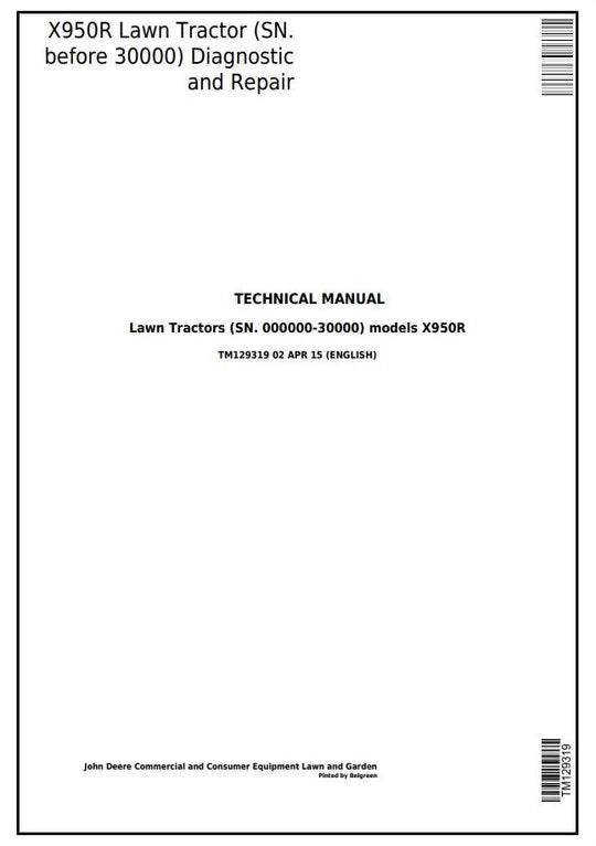 PDF John Deere X950R Riding Lawn Tractor Service Manual TM129319