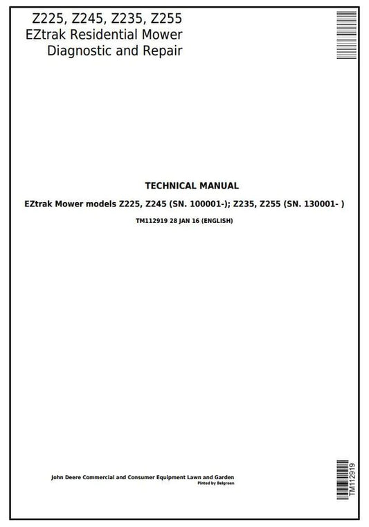 PDF John Deere Z225 Z245 Z235 Z255 EZtrak Riding Lawn Residential Mower Service Manual TM112919