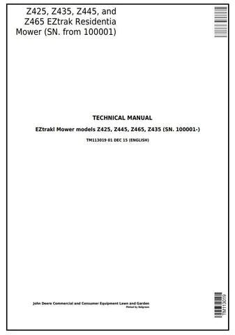 PDF John Deere Z425 Z435 Z445 Z465 EZtrak Residential Mower Service Manual TM113019