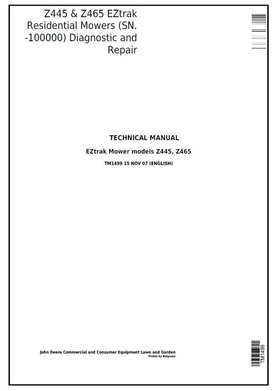 PDF John Deere Z445 Z465 EZtrak Riding Lawn Residential Mower Service Manual TM1499