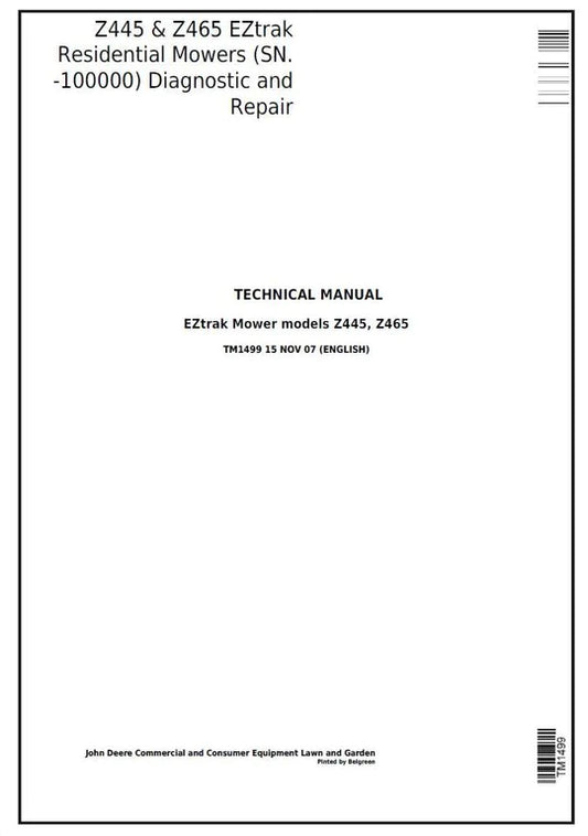 PDF John Deere Z445 Z465 EZtrak Riding Lawn Residential Mower Service Manual TM1499