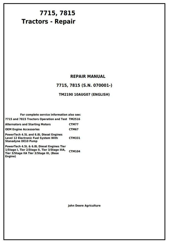 PDF John Deere 7715 7815 Tractor Service Repair Technical Manual TM2190