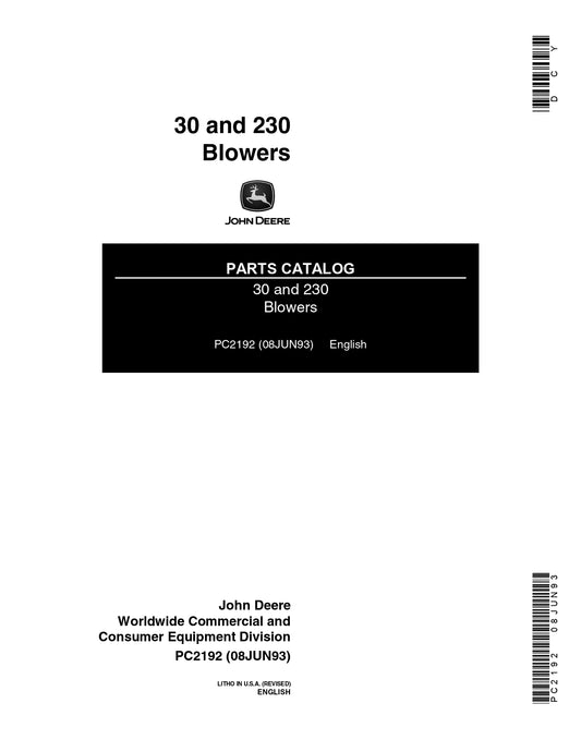 JOHN DEERE 230 30 BLOWER PARTS MANUAL PC2192 INSTANT DOWNLOAD