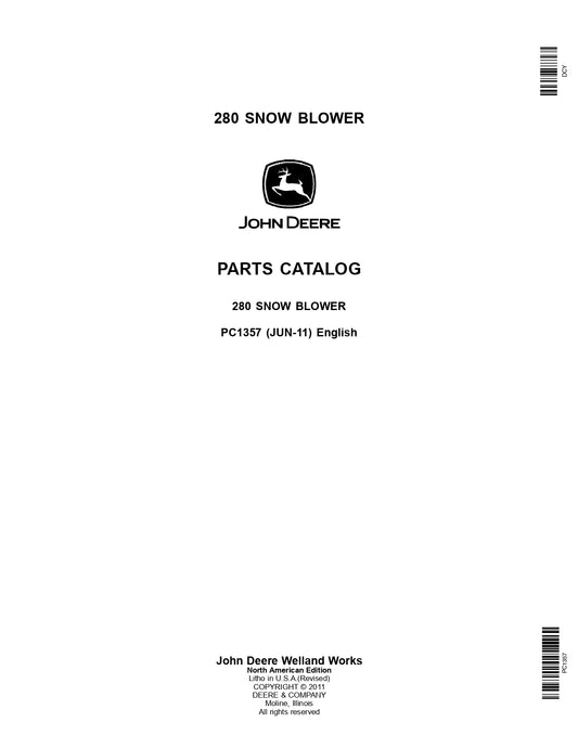 JOHN DEERE 280 SNOW BLOWER PARTS MANUAL PC1357 INSTANT DOWNLOAD