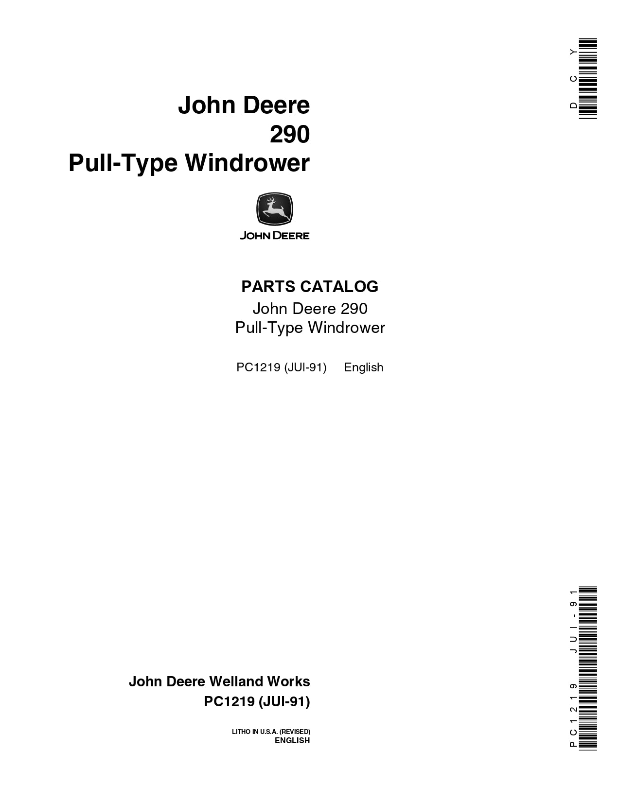 JOHN DEERE 290 PULL-TYPE WIDROWER PARTS MANUAL PC1219 INSTANT DOWNLOAD