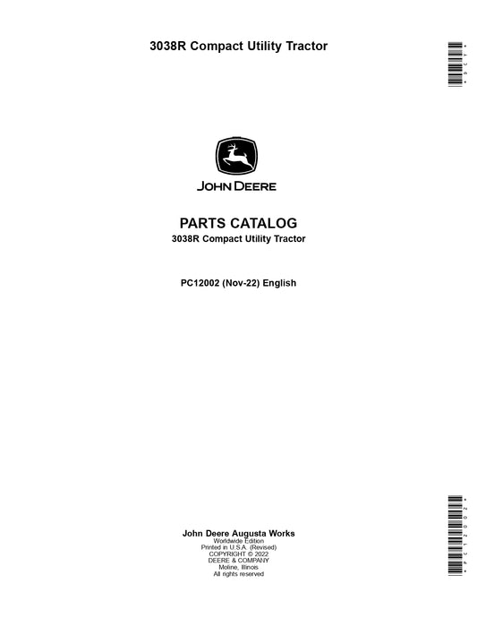 JOHN DEERE 3038R COMPACT UTILITY TRACTOR PARTS MANUAL PC12002 INSTANT DOWNLOAD