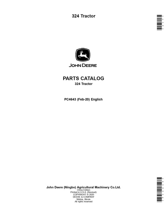 JOHN DEERE 324 TRACTOR (CHINA EDITION) PARTS MANUAL PC4643 INSTANT DOWNLOAD