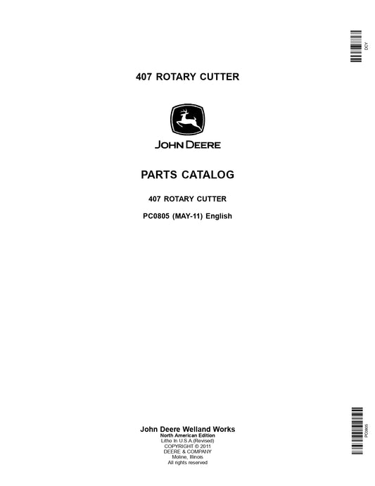 JOHN DEERE 407 ROTARY CUTTER PARTS MANUAL PC0805 INSTANT DOWNLOAD