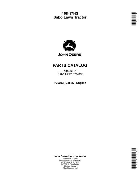 John Deere 108-17HS Sabo Lawn Tractor Parts Manual PC9233 Instant Download
